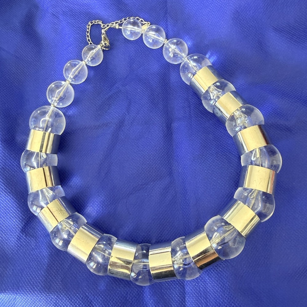 VTG Y2K Ali-Khan New York Clear Lucite Beaded Necklace Silver Tone Stmt Chunky